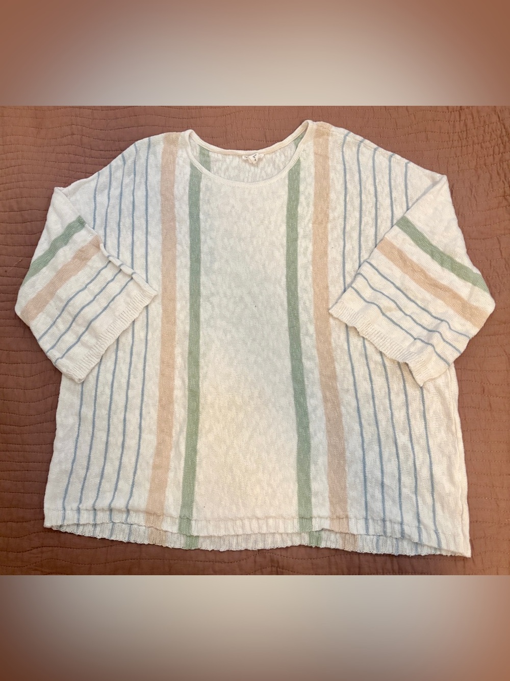Tribal Lightweight Striped Pullover W/ 3/4 Sleeve in Cream, Sage & Beige Sz XL